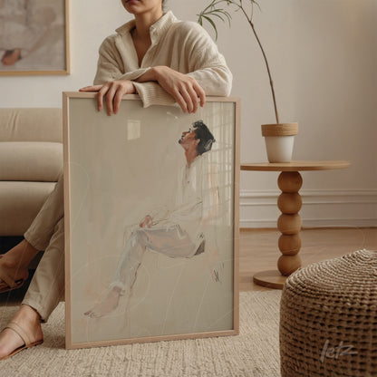 framed minimalist artwork of a human figure in light frame held against a woman's leg on a sofa
