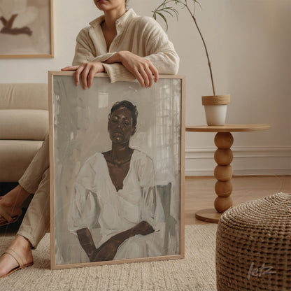 framed wall art featuring a seated woman portrait in a modern living space with sofa and side table