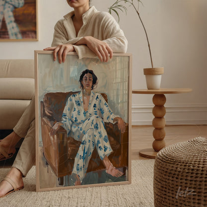 framed art featuring a seated woman in a patterned blue pajama, relaxing on a sofa