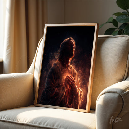 framed artwork featuring a religious figure in a prayer pose with a light effect against a dark background