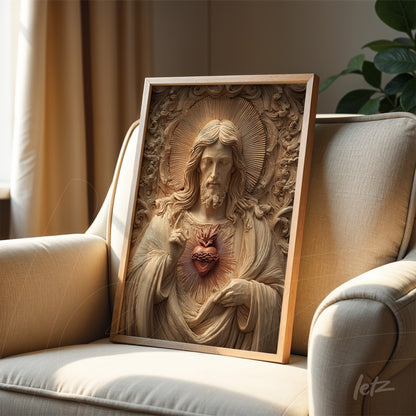 framed relief art of Jesus Christ with sacred heart in light wood frame