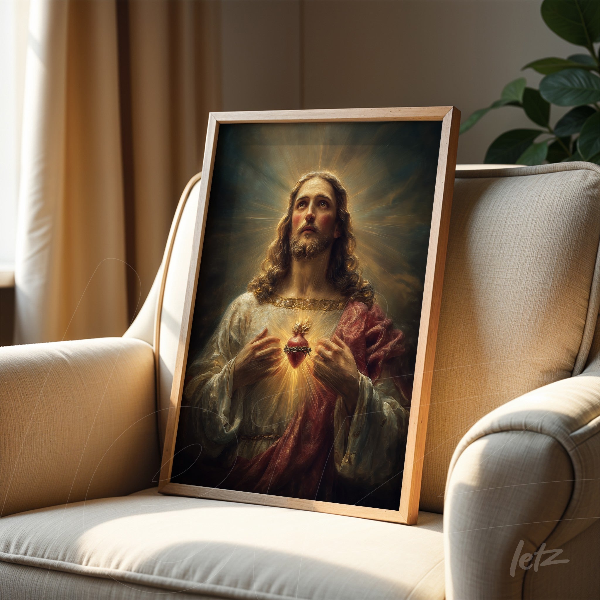 framed sacred art of Jesus Christ with an open heart in light wood frame displayed on an armchair
