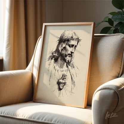 framed artwork with a light wood frame depicting the face of Jesus holding a heart prominently in his hands