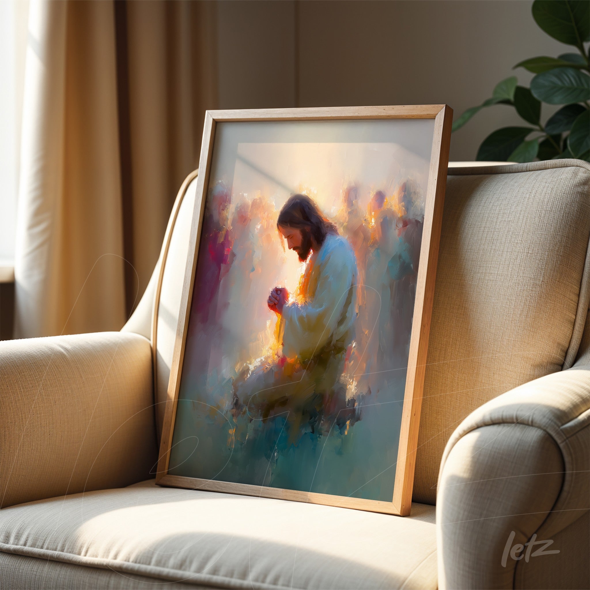 framed abstract art of Jesus in prayer with light wood frame