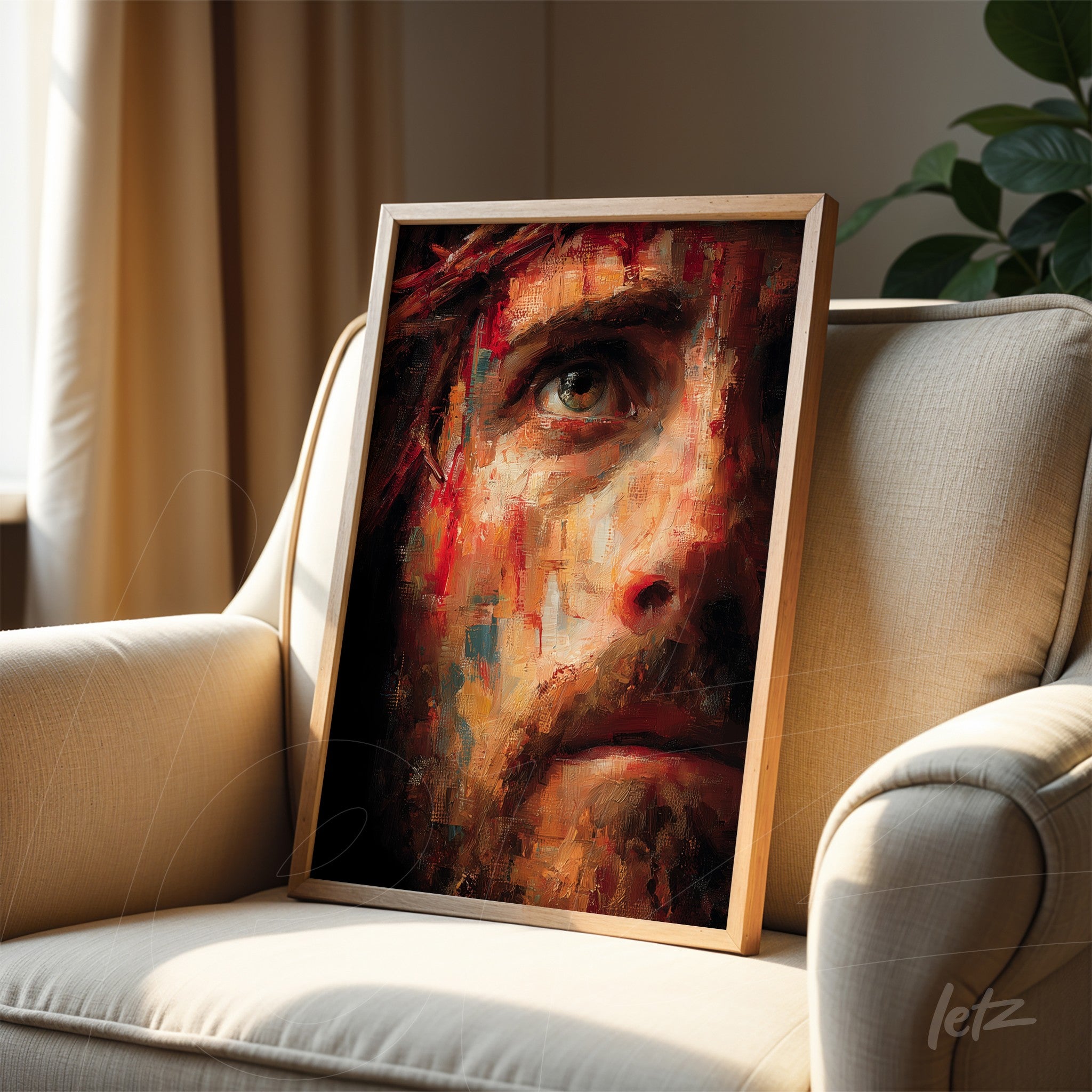 framed artwork featuring a close-up of a male face with intense eyes and vibrant brushstrokes on a dark background