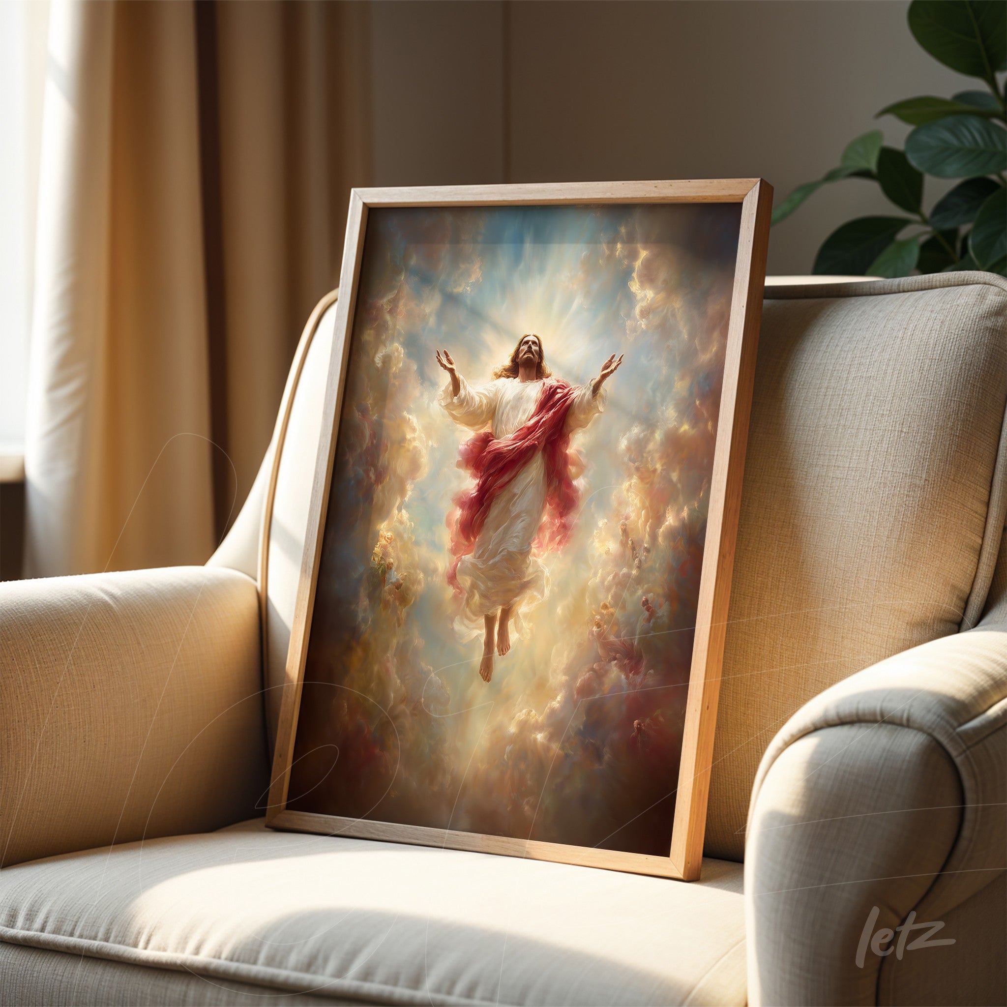framed artwork depicting ascended Jesus Christ in a light wood frame