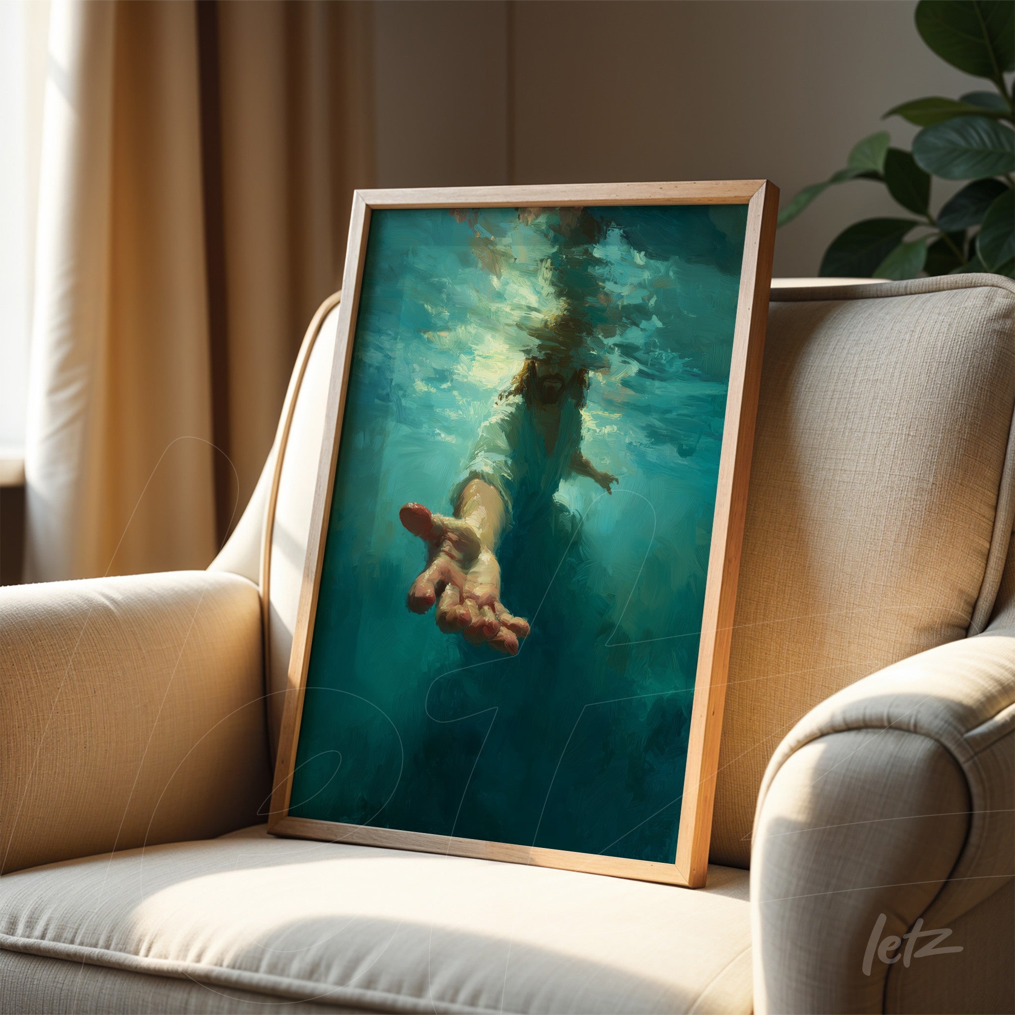 framed wall art featuring digital illustration of a hand reaching out from turquoise water