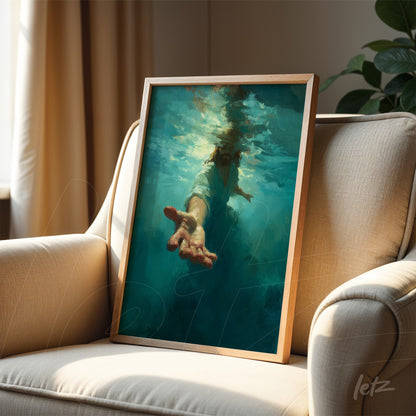 framed wall art featuring digital illustration of a hand reaching out from turquoise water