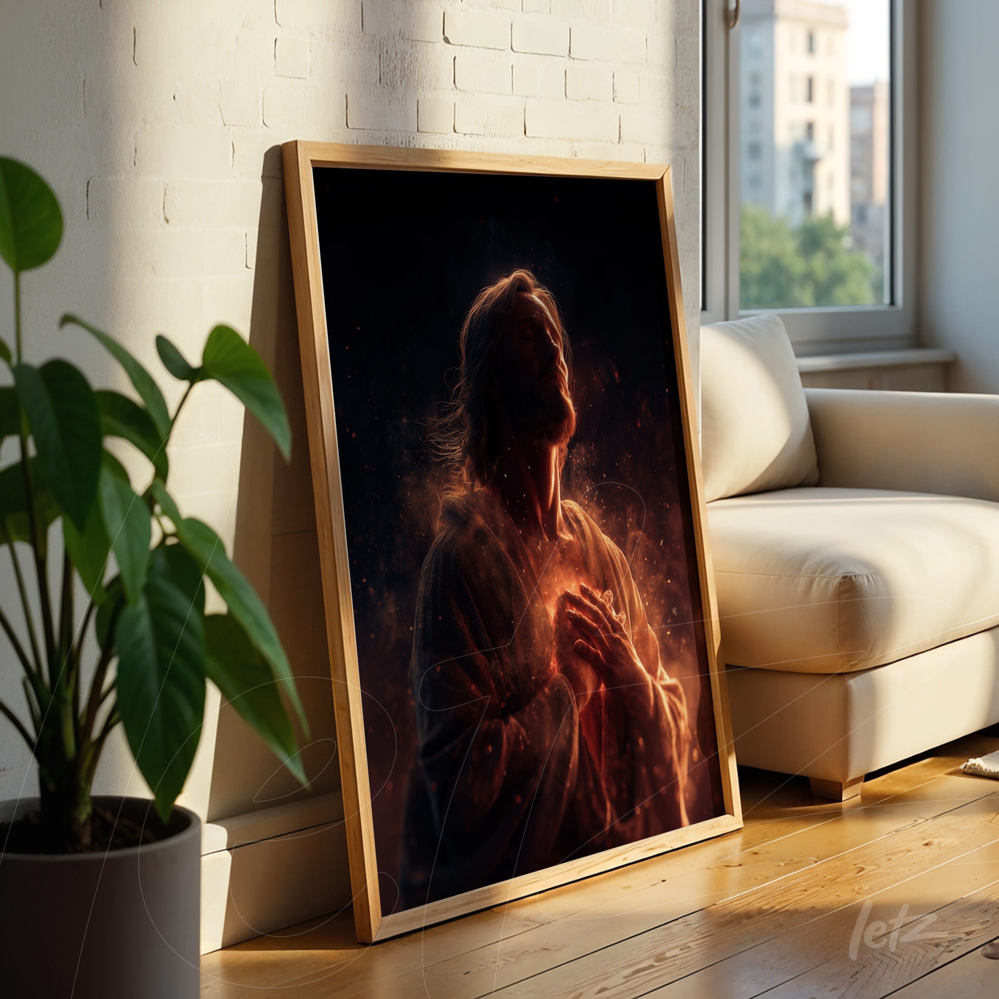 framed artwork of a religious figure in a contemplative pose with a light wood frame