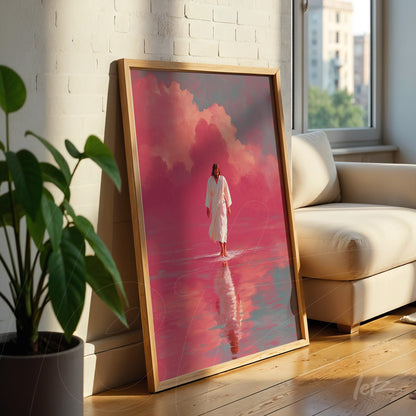 framed wall art of a religious figure walking on reflective water, light wood frame with pink cloud background