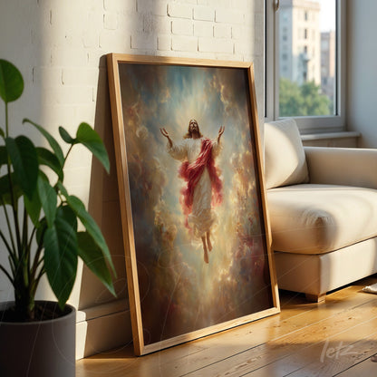 framed artwork of jesus christ in ascension with a backdrop of angelic clouds