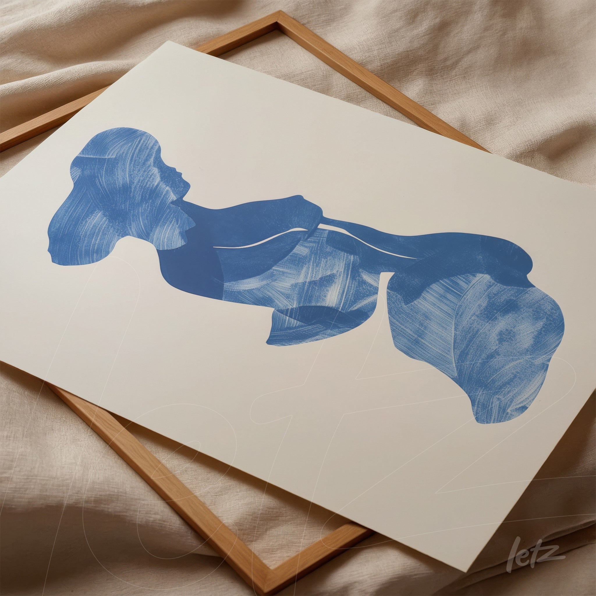 abstract artwork in blue with fluid shapes on light background, displayed in a light wood frame