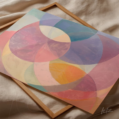 framed abstract art in soft colors with light wooden frame