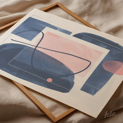 framed abstract artwork featuring geometric shapes in shades of blue and pink with a light wood frame