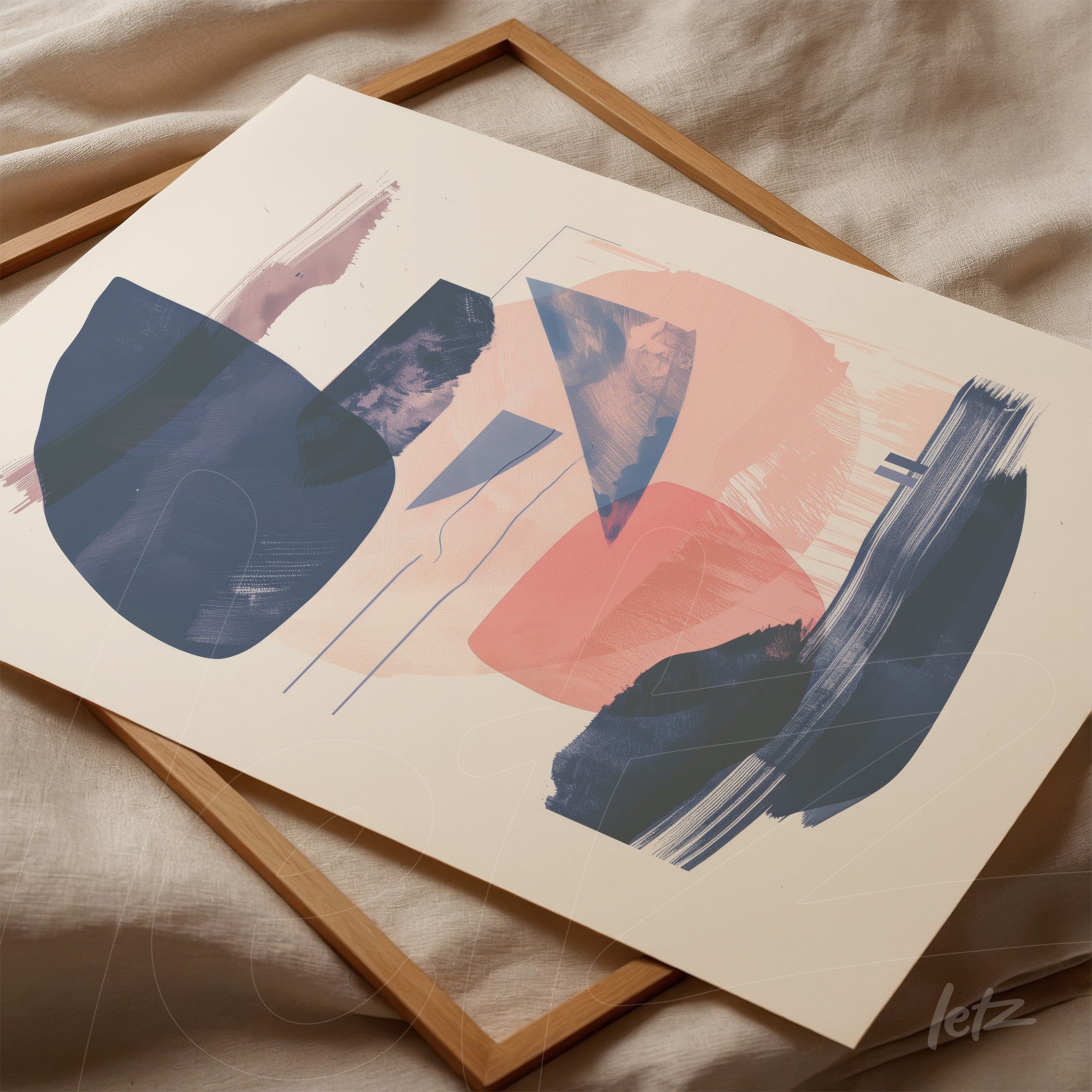 framed abstract art piece in shades of blue, pink, and cream with light wood frame