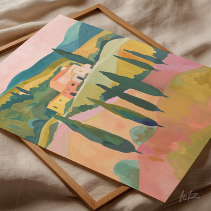 framed artwork featuring a soft landscape of hills, cypress trees, and a countryside house with light wood frame