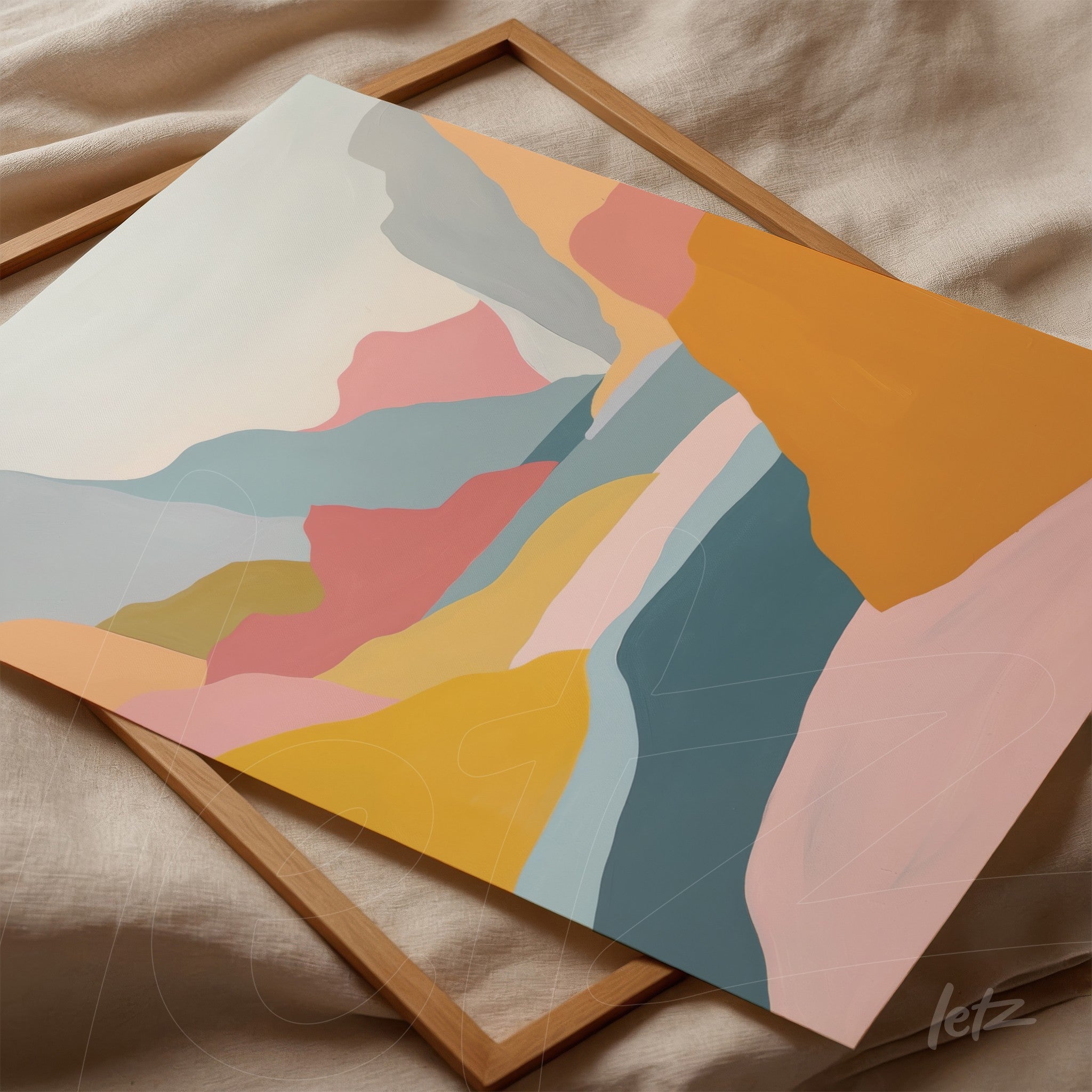 abstract art print featuring wavy shapes in pastel colors, displayed in a light wood frame