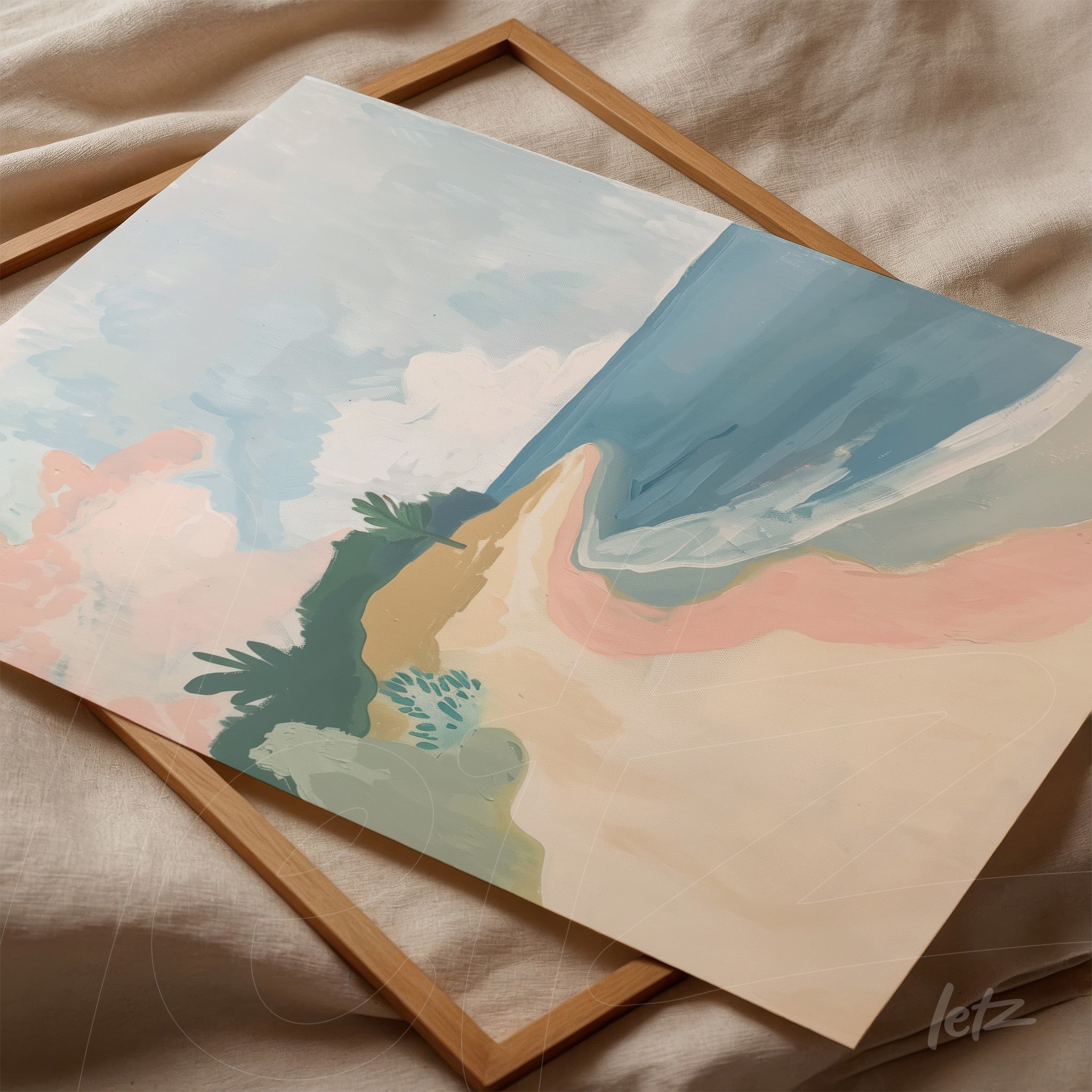 decorative artwork featuring abstract coastal landscape in soft shades of blue, pink, and green, displayed in light wood frame