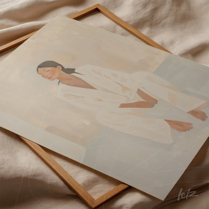 framed artwork featuring a minimalist depiction of a seated woman in light clothing