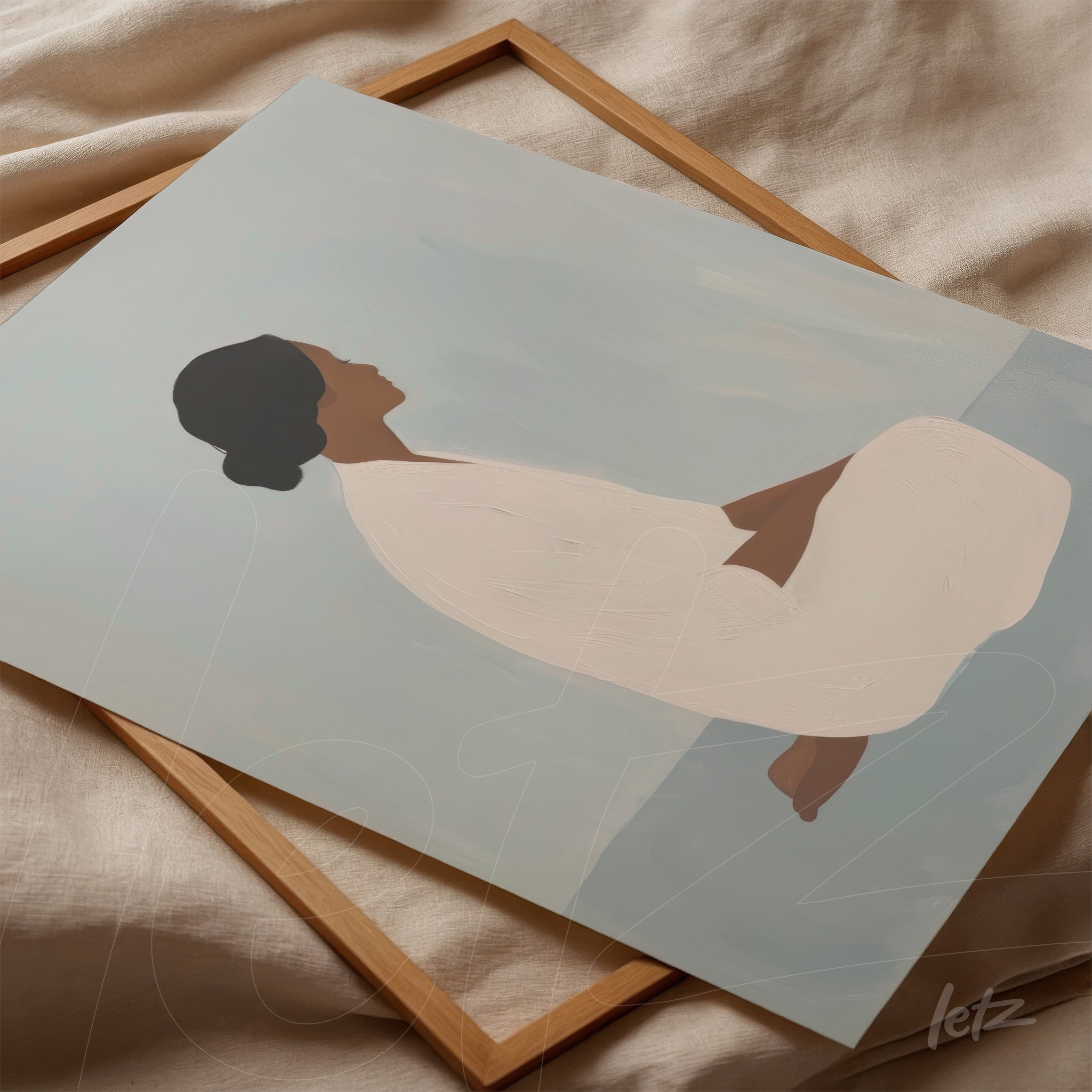 abstract minimalist art piece featuring a meditating female figure on a soft blue background, set in a light wood frame