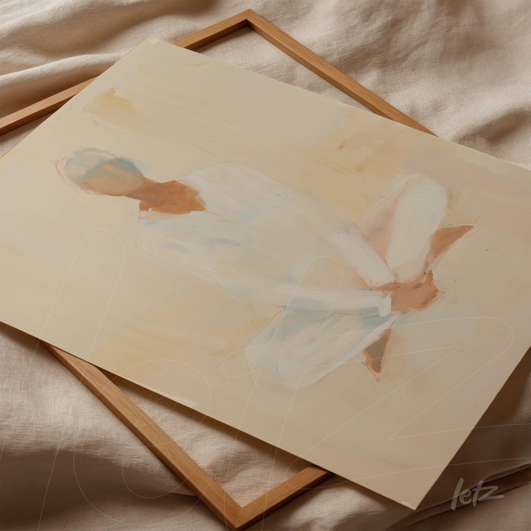 abstract art featuring a human figure in soft tones with light wood frame in the background