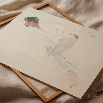 artistic artwork featuring a subtle portrait of a man seated in a contemplative pose, framed with light wood frame