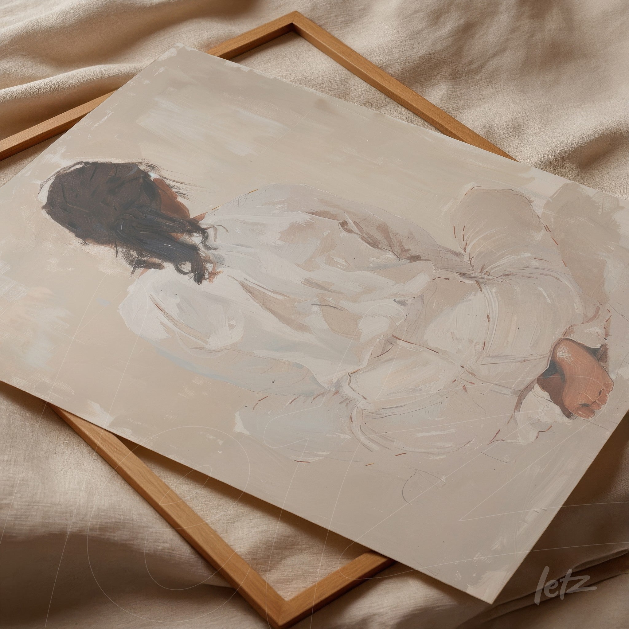 framed artwork featuring a minimalist painting of a human figure sitting with back turned in light wood frame