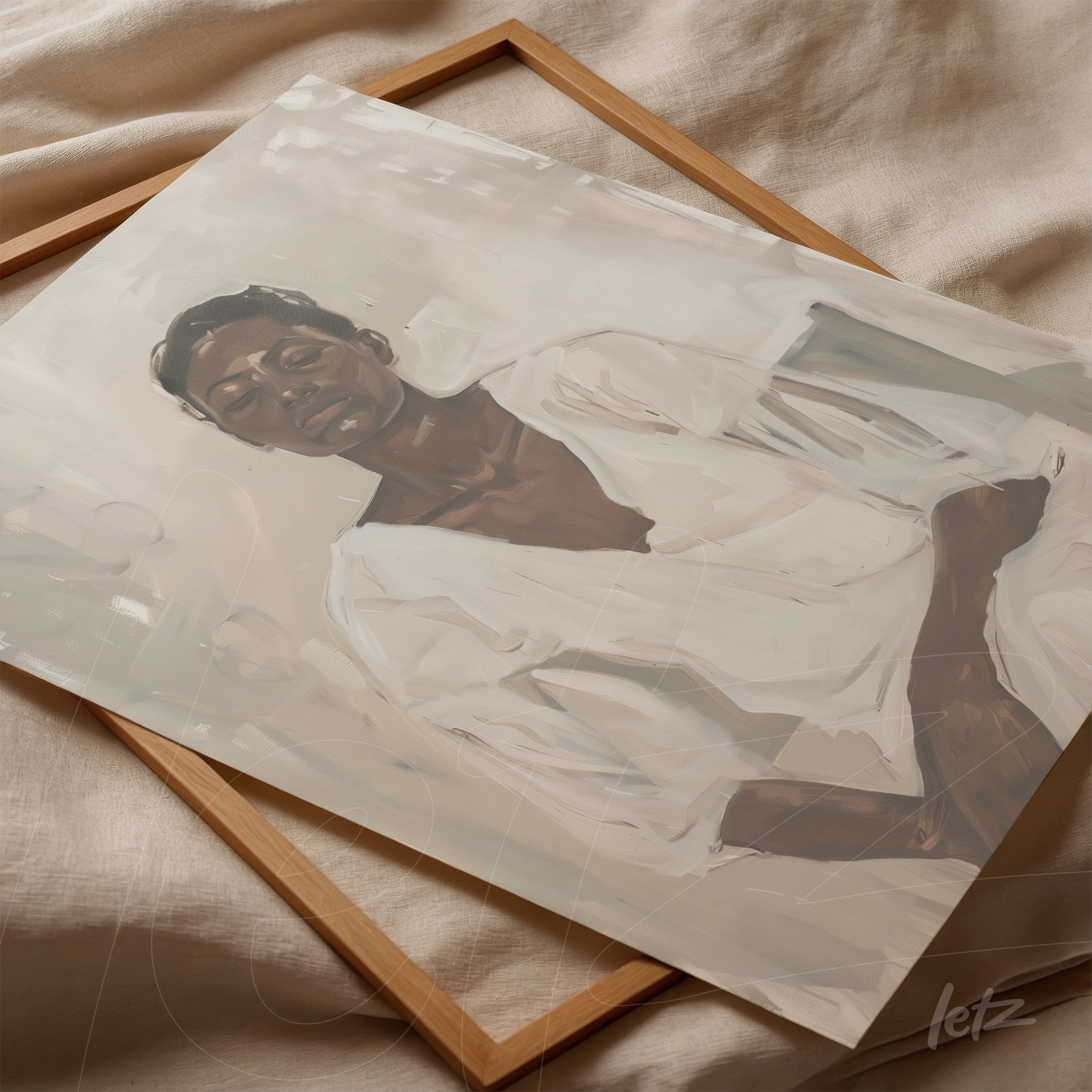 canvas artwork featuring a serene portrait of a relaxed female figure in light wood frame