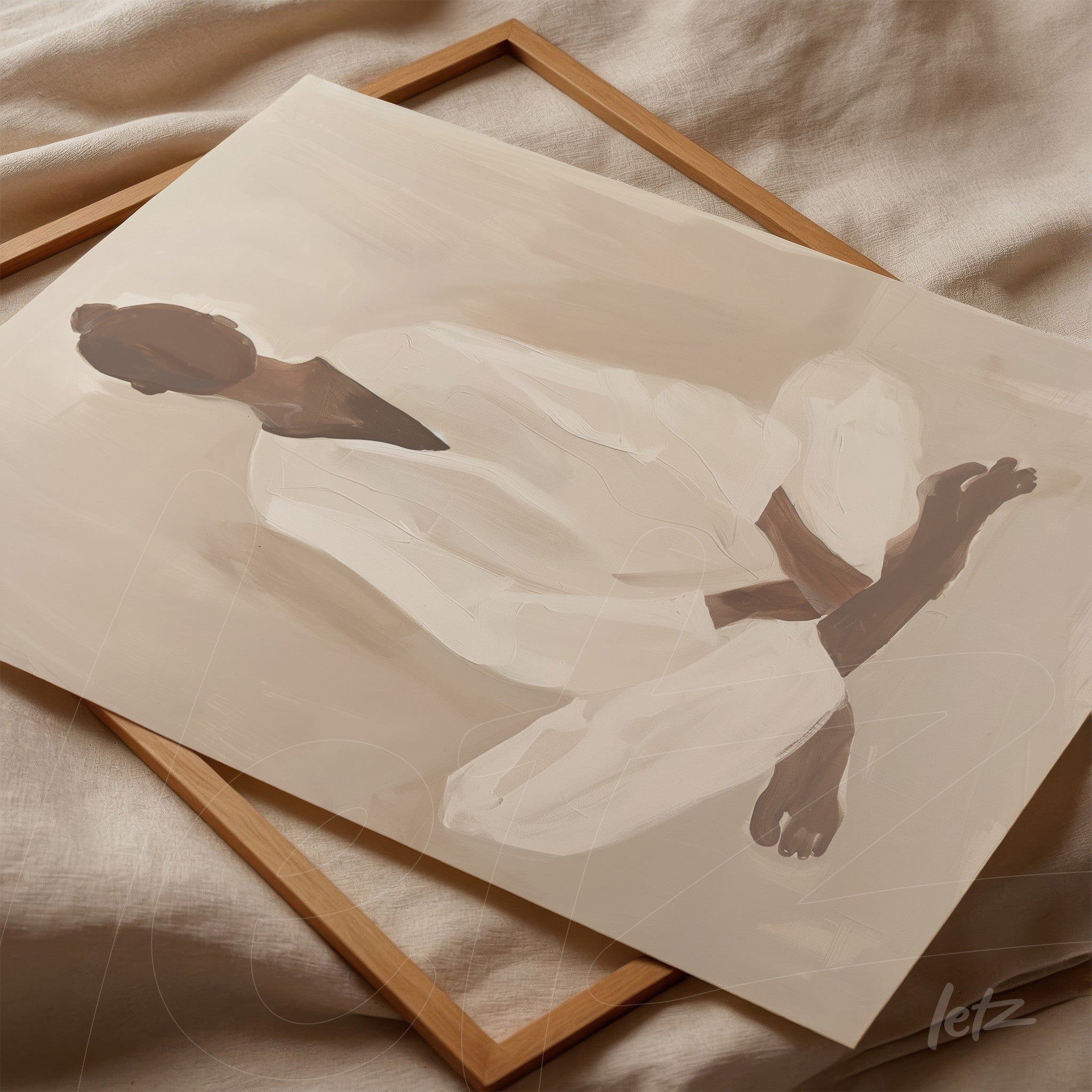 abstract artwork in earthy tones depicting a seated female figure, supported by a light wood frame