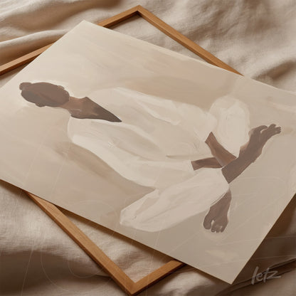 abstract artwork in earthy tones depicting a seated female figure, supported by a light wood frame