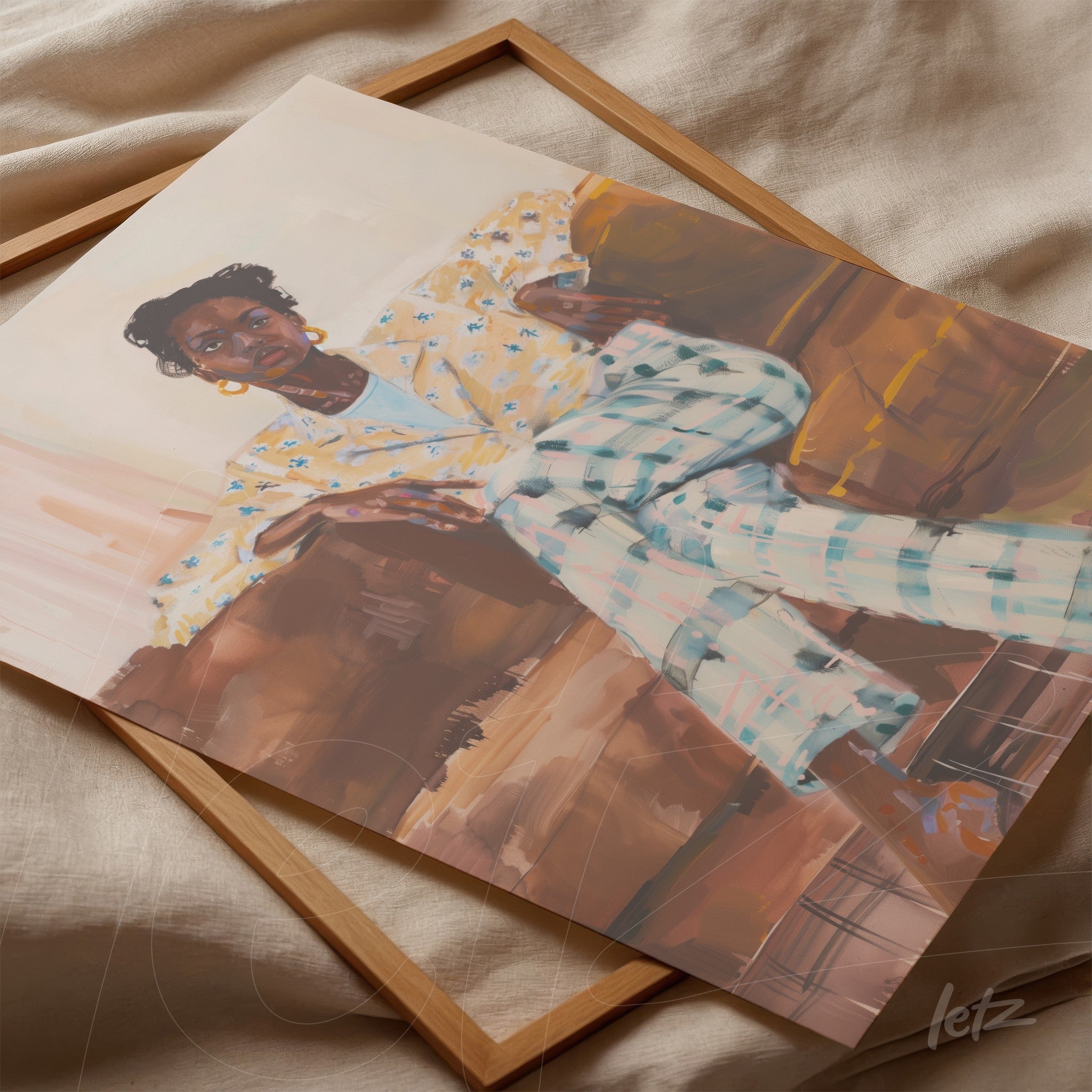 digital artwork of female portrait featuring a woman sitting on a sofa, wearing a floral blouse and checkered pants, in a light wooden frame