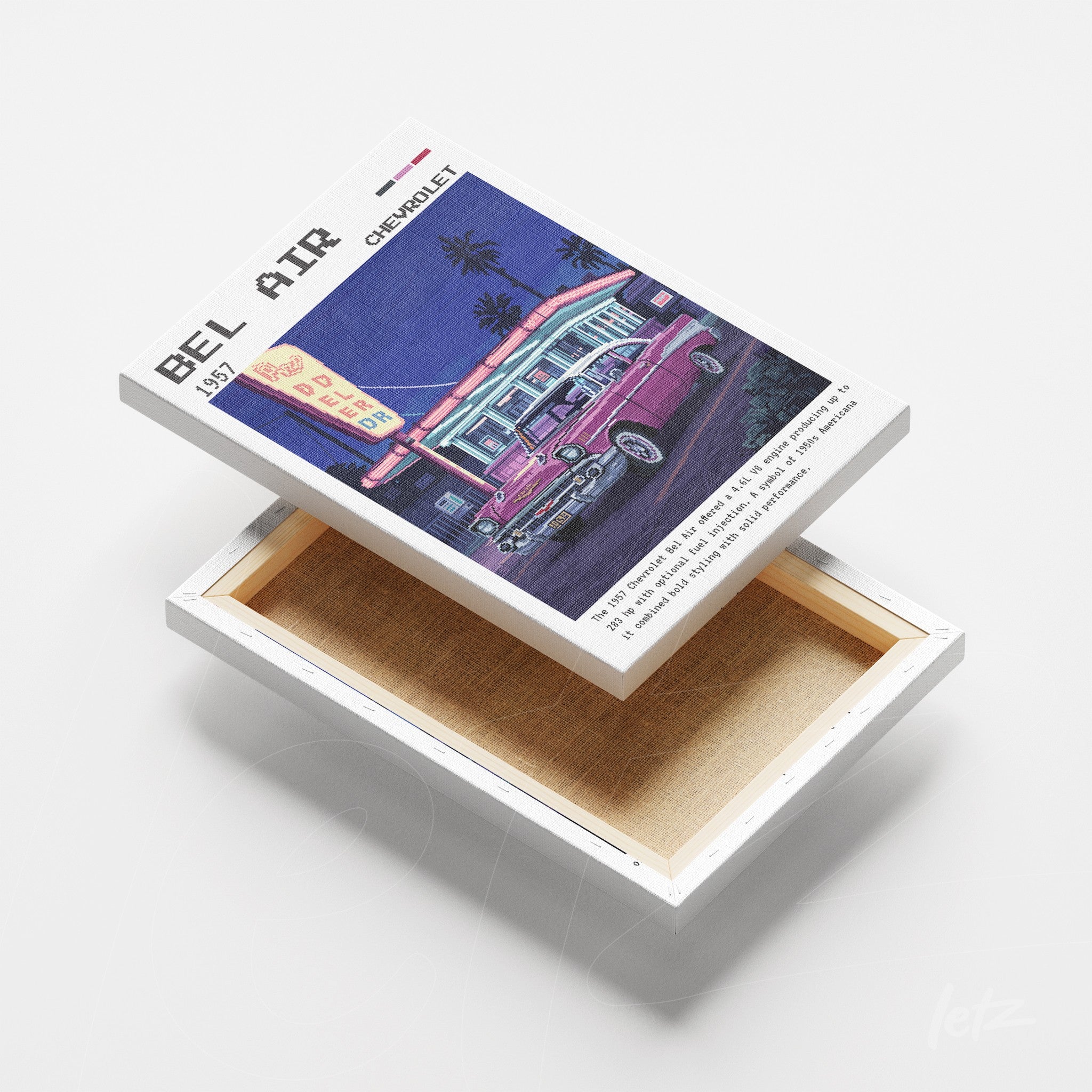 canvas art featuring a retro illustration of a pink Chevrolet Bel Air in front of a diner with a dark blue background