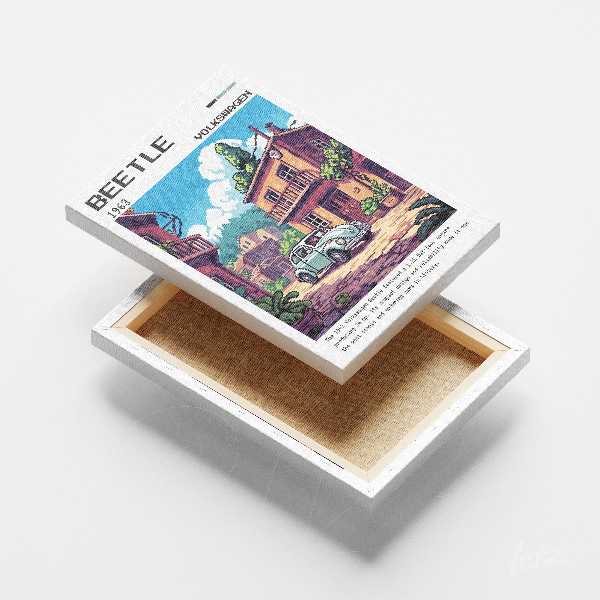 canvas print featuring pixel art of a vibrant city with colorful buildings and a classic car in the foreground against a white background