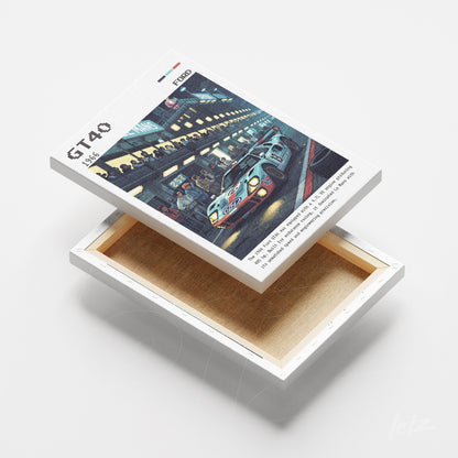 canvas print depicting a car race featuring a GT40 model at a pit stop with mechanics at work