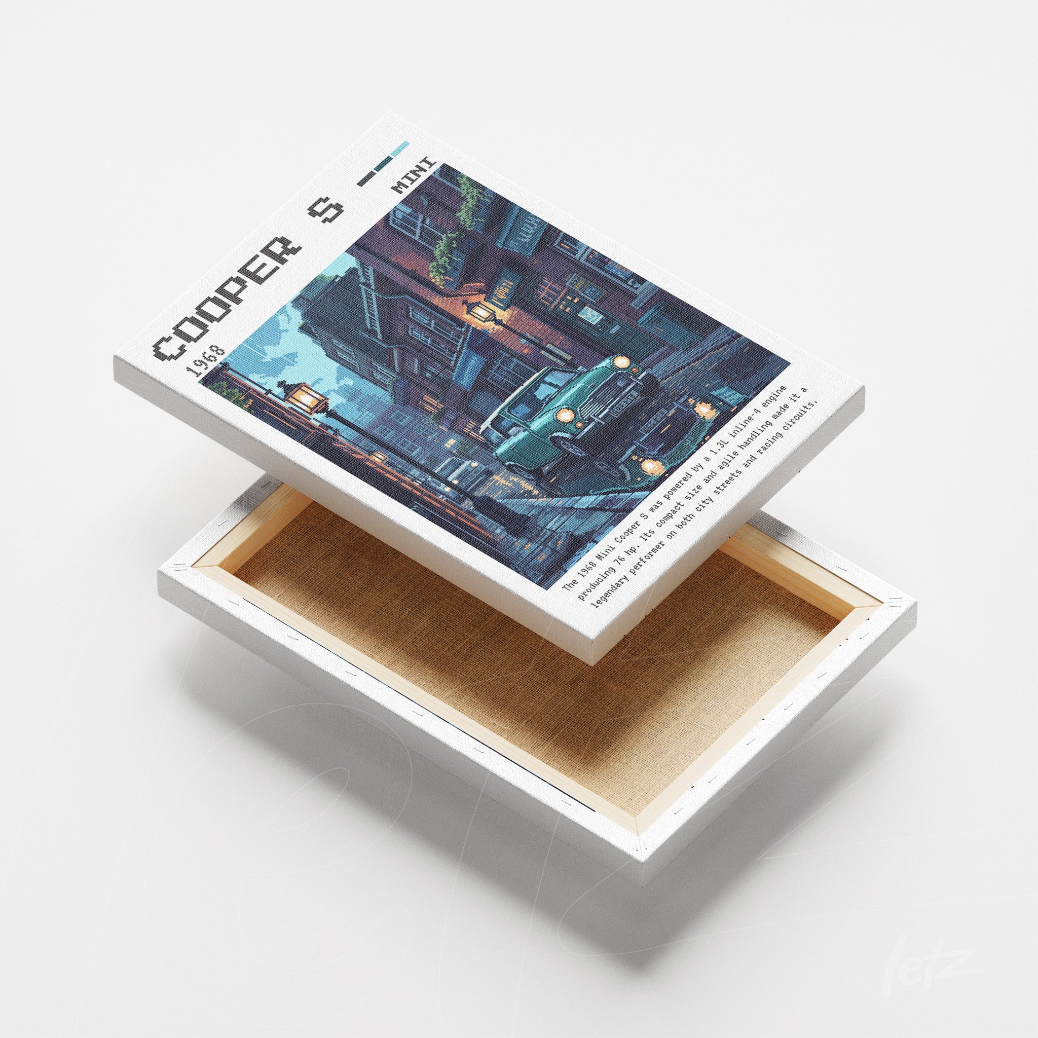 canvas print featuring vintage car on a street illuminated by lanterns displayed in an open perspective