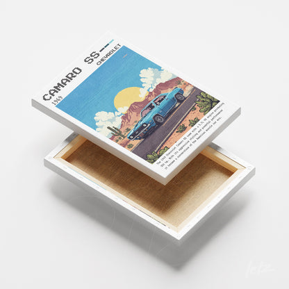 canvas print featuring an illustration of a 1969 Chevrolet Camaro in a desert scene with cacti and mountains in the background