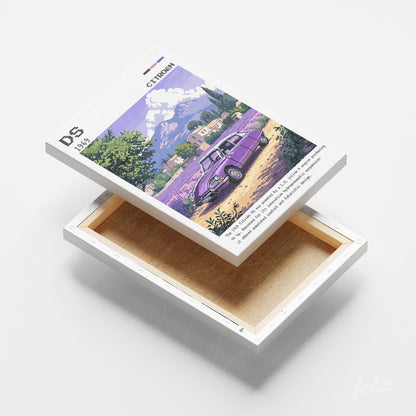 canvas artwork featuring a nostalgic illustration of a purple car in a lavender field with mountains in the background