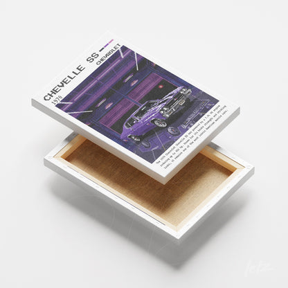 canvas print featuring a retro illustration of a Chevrolet Chevelle SS in a garage with neon lights