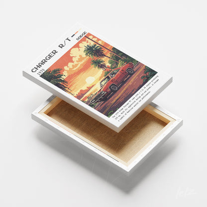 canvas print featuring retro art of a Charger R/T car in a sunset landscape with white frame