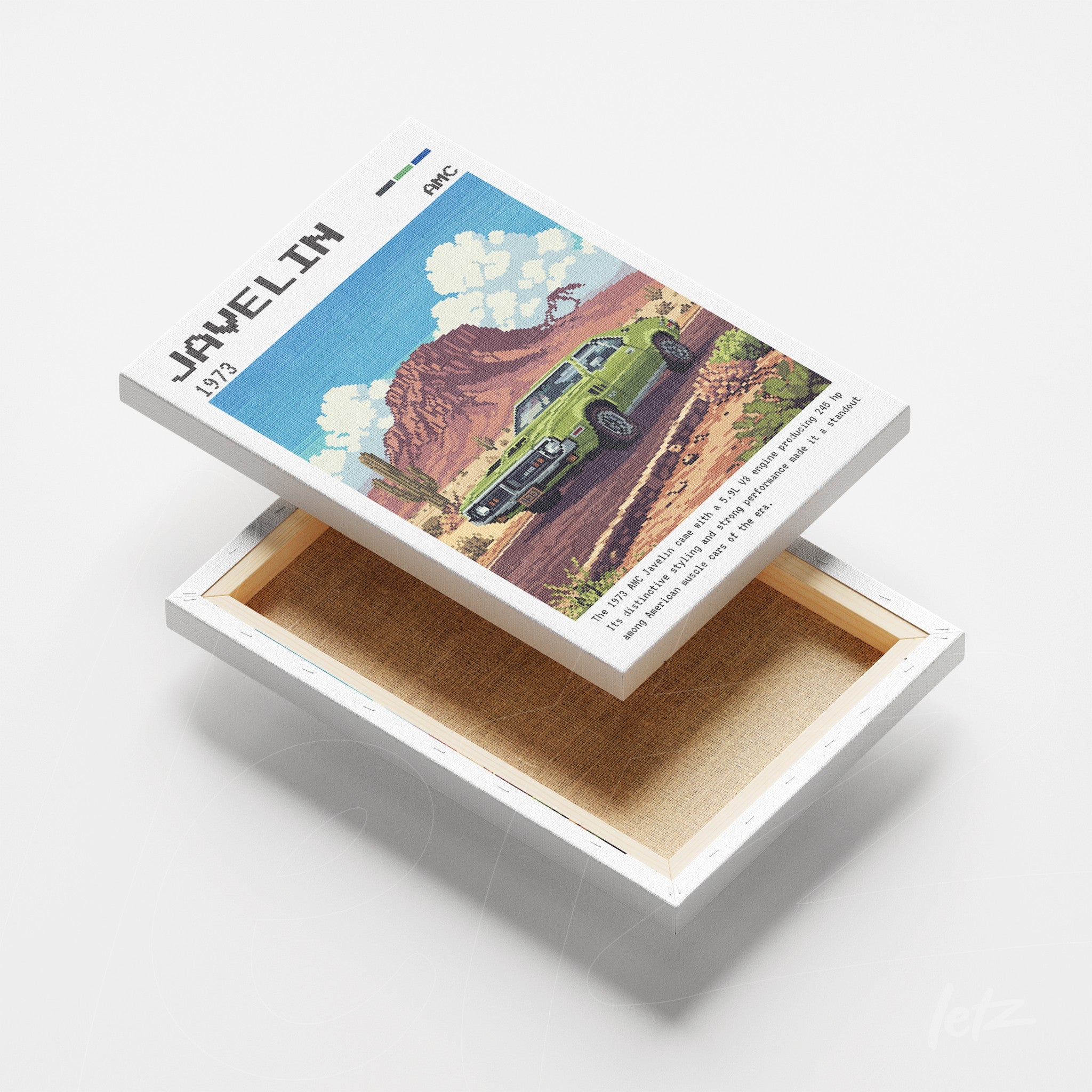 canvas print featuring retro art of Javelin car in desert landscape with light background and white frame