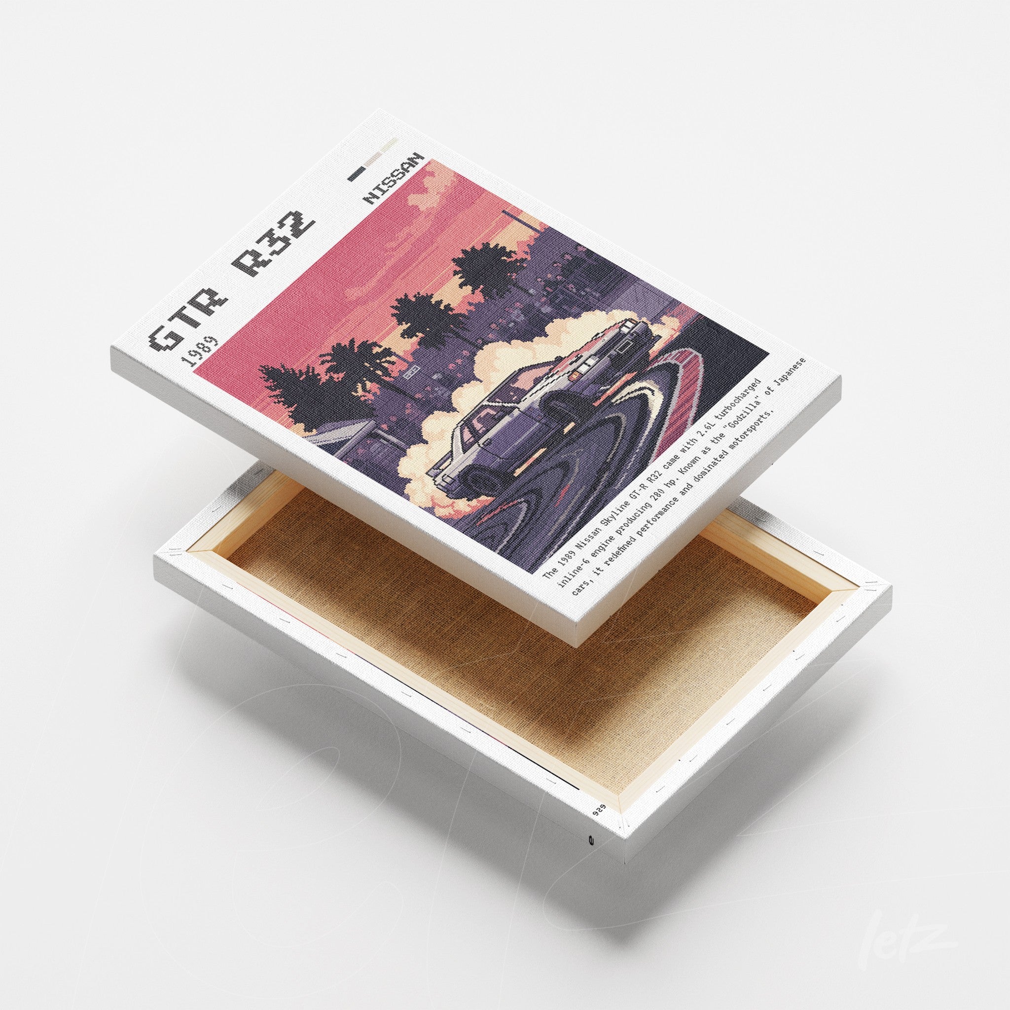 canvas art featuring retro illustration of a Nissan GTR R32 sports car drifting, with colorful background and smoke details