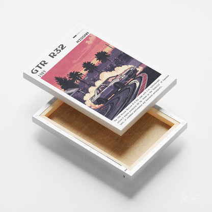 canvas art featuring retro illustration of a Nissan GTR R32 sports car drifting, with colorful background and smoke details