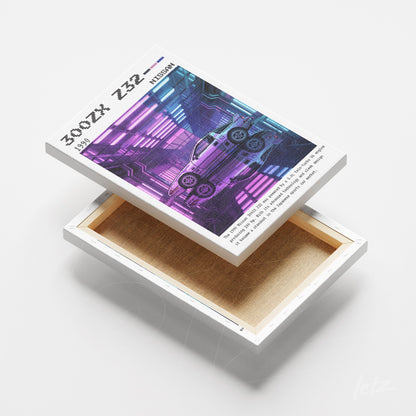 digital art of a 1990 Nissan 300ZX in neon style against a futuristic background on canvas