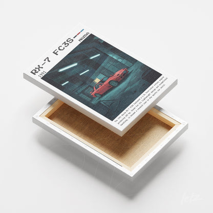 canvas print featuring artwork of 1991 Mazda RX-7 set in a softly lit garage environment