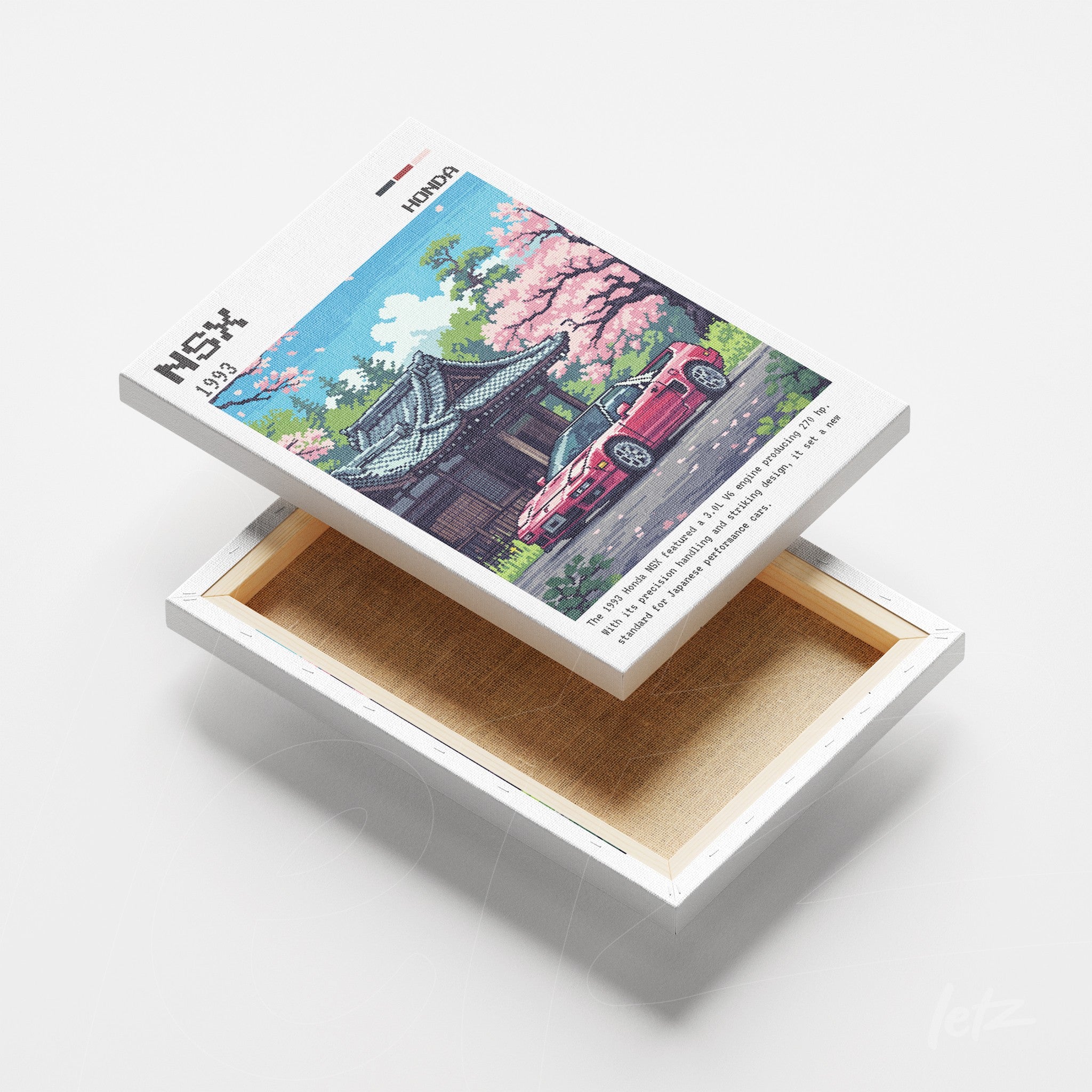 canvas artwork featuring a traditional Japanese house and a red sports car under cherry blossom trees