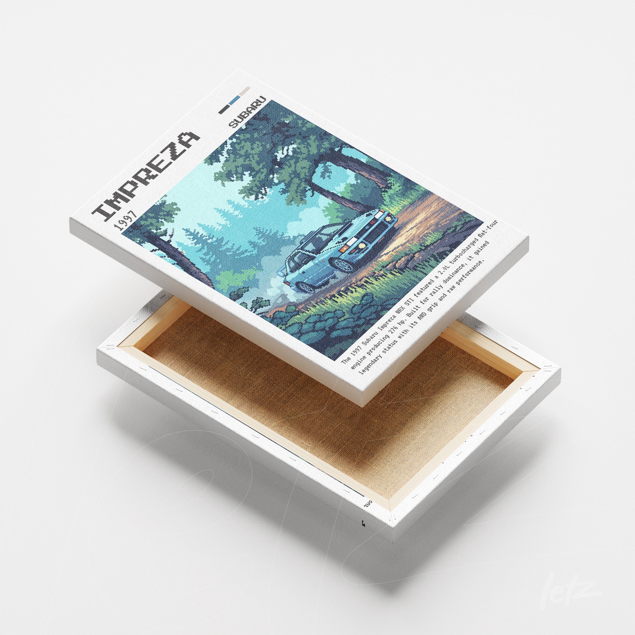 canvas print featuring pixel art of a Subaru Impreza car in a forest landscape