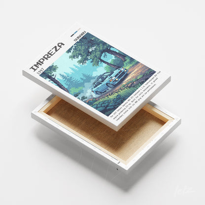 canvas print featuring pixel art of a Subaru Impreza car in a forest landscape