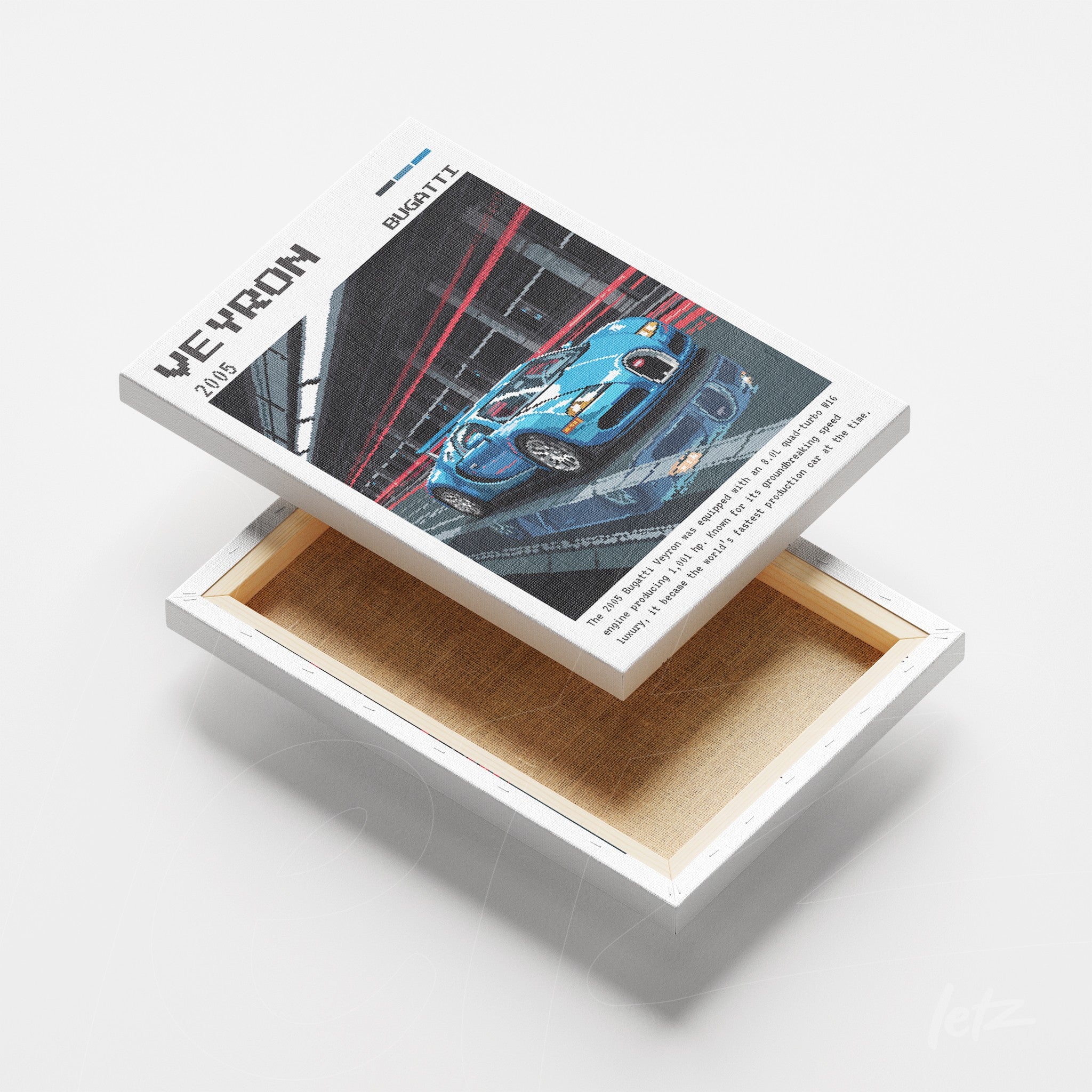 canvas print featuring pixel art of a blue sports car on a racetrack