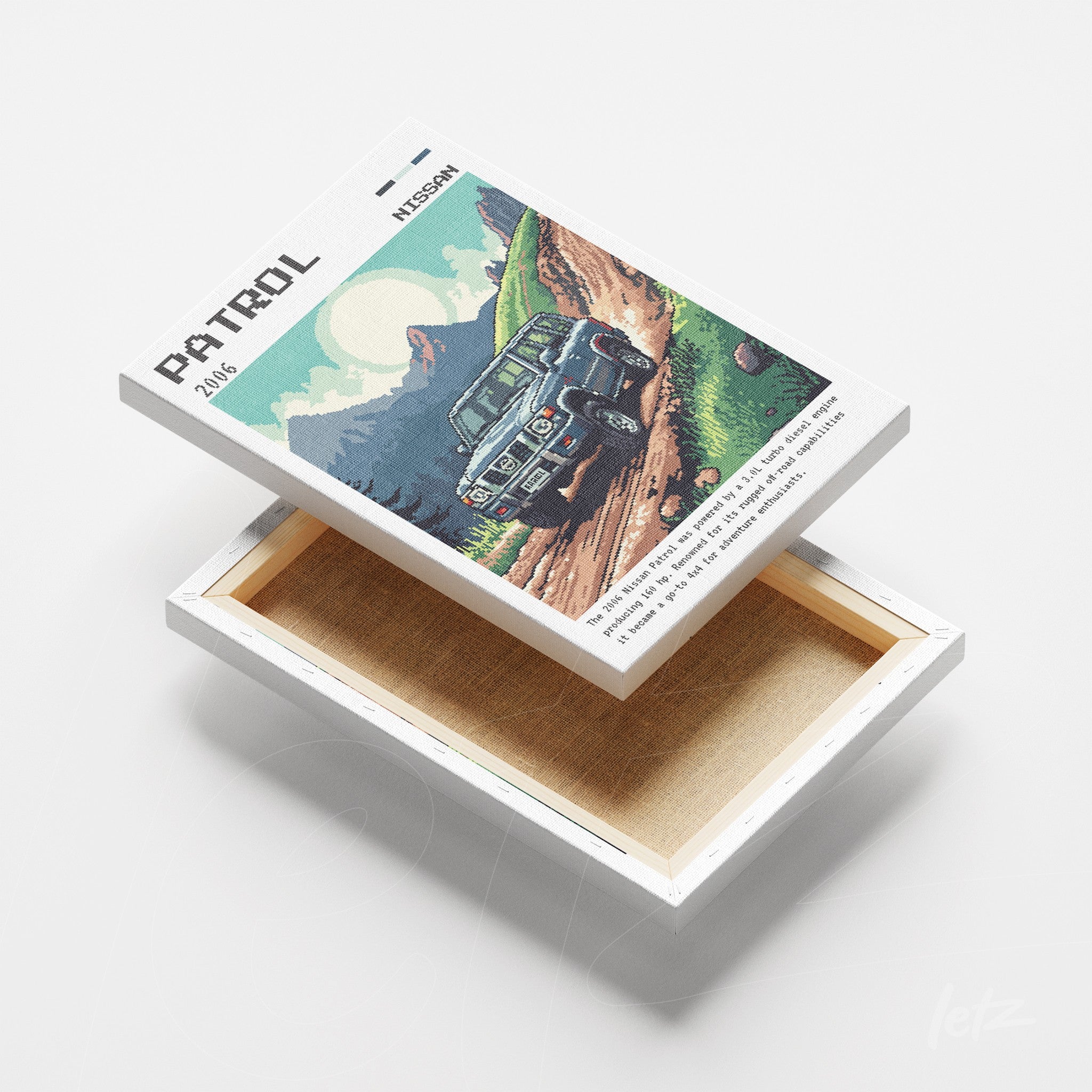 retro canvas print featuring an illustration of a Nissan Patrol SUV on a dirt road under a blue sky