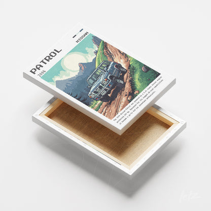 retro canvas print featuring an illustration of a Nissan Patrol SUV on a dirt road under a blue sky